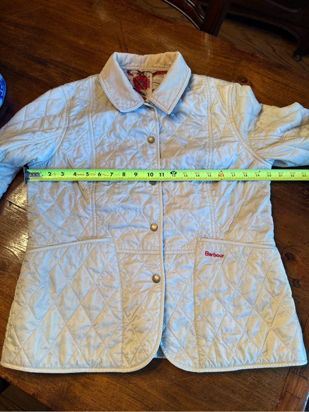 Barbour Cream Quilted Jacket with Cord Collar and Floral Lining - Picture 6 of 7